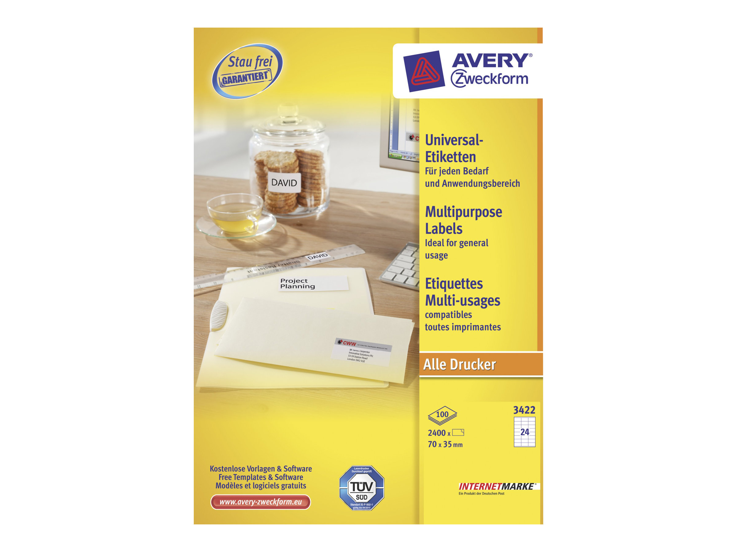 2.400 AVERY Zweckform Etiketten 3422 weiss 70,0 x 35,0 mm 2.400 AVERY Zweckform Etiketten 3422 weiss 70,0 x 35,0 mm