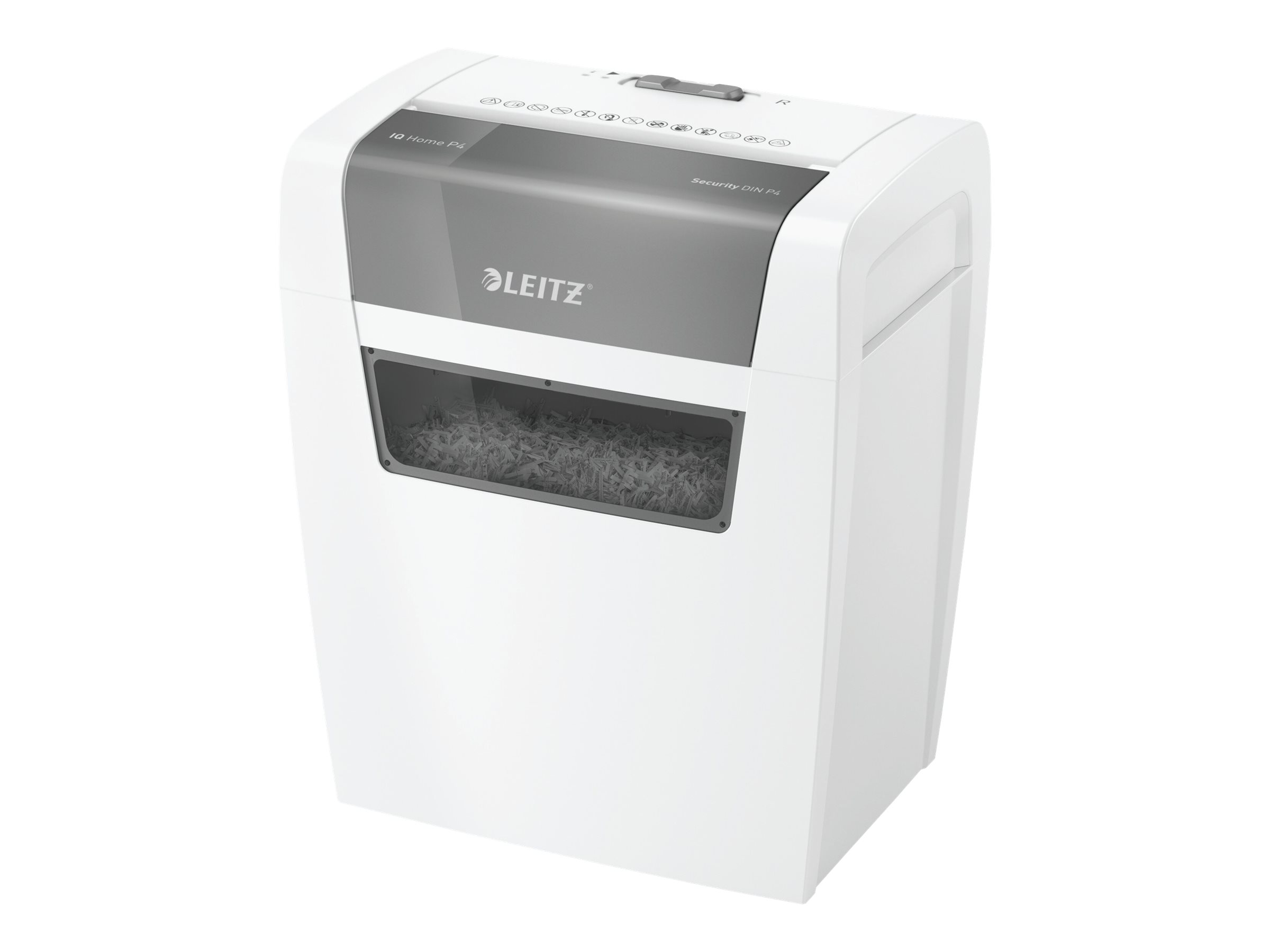 LEITZ IQ Home Aktenvernichter mit Partikelschnitt P-4, 4 x 28 mm, bis 6 Blatt, weiss