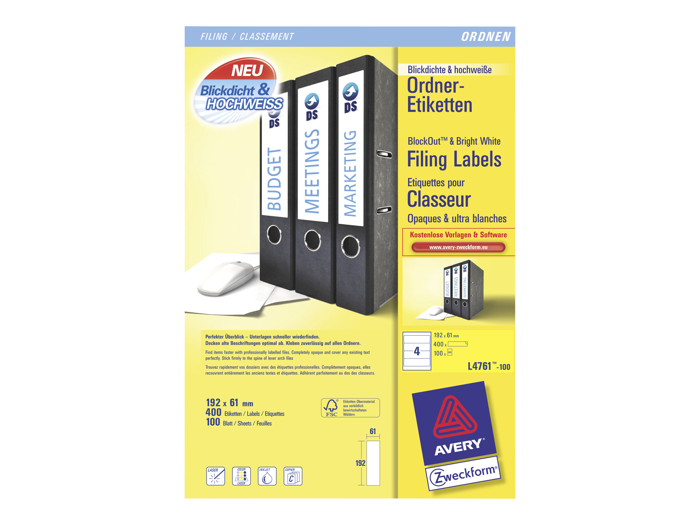 400 AVERY Zweckform Ordneretiketten L4761-100 weiss 400 AVERY Zweckform Ordneretiketten L4761-100 weiss