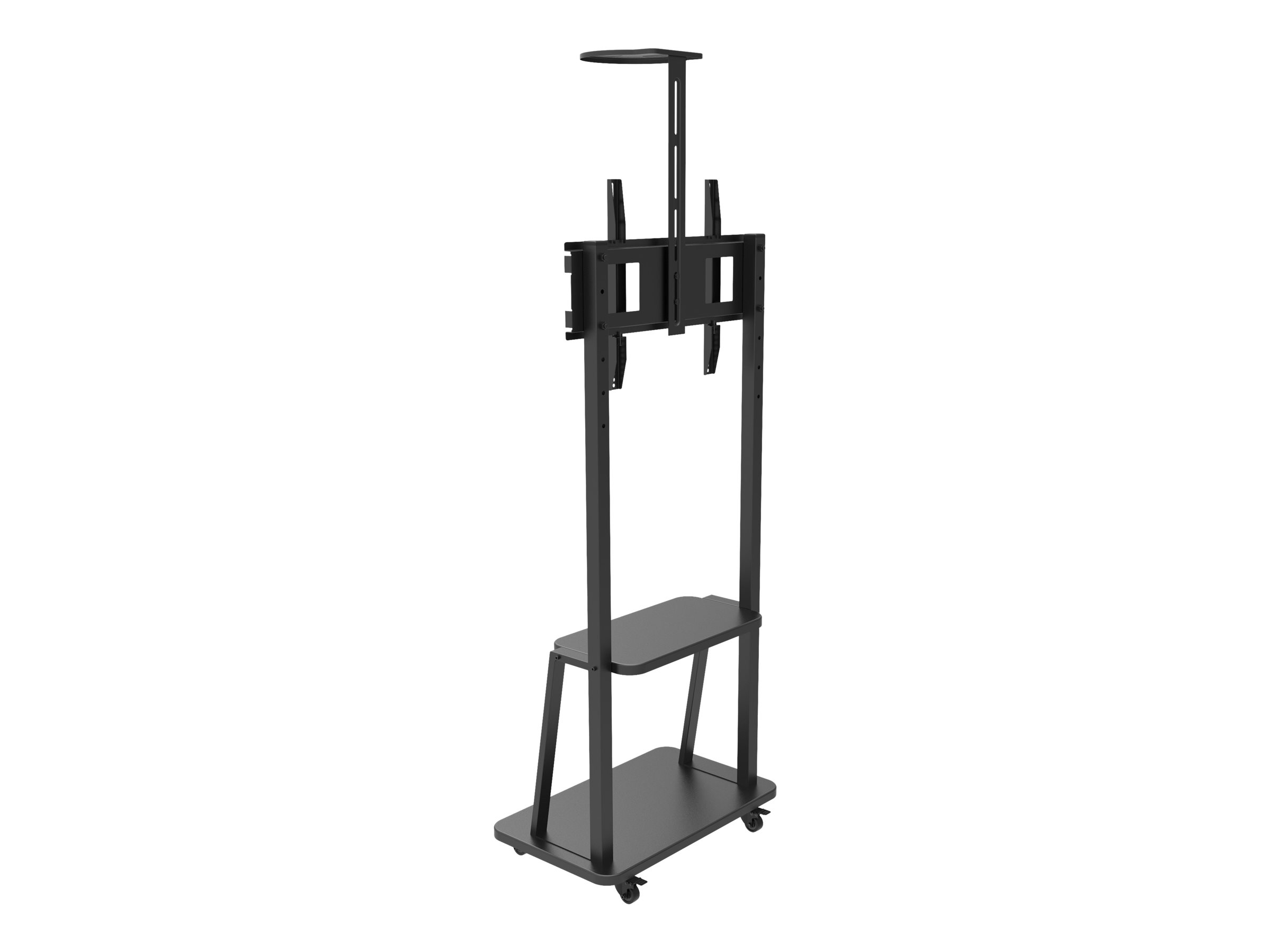 TECHLY Boden TV Halter fuer 32-70Zoll Fernseher Schwarz Hoehenverstallbarer Rollwagen mit 2 Ablagen Traglast max. 60Kg