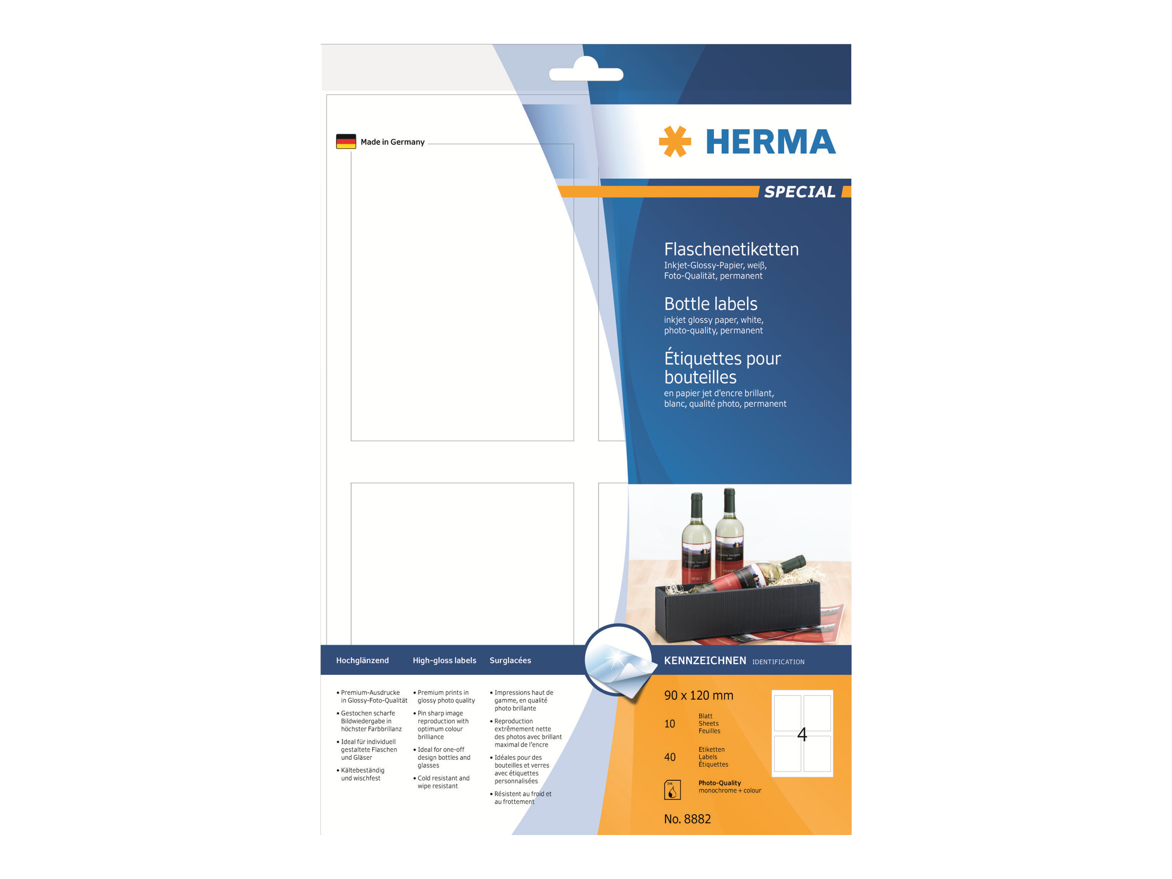 HERMA Flaschenetiketten 8882 weiß 90,0 x 120,0 mm, 10 Blatt