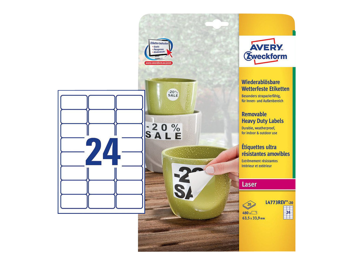 480 AVERY Zweckform wetterfeste Folienetiketten L4773REV-20 weiss 63,5 x 33,9 mm