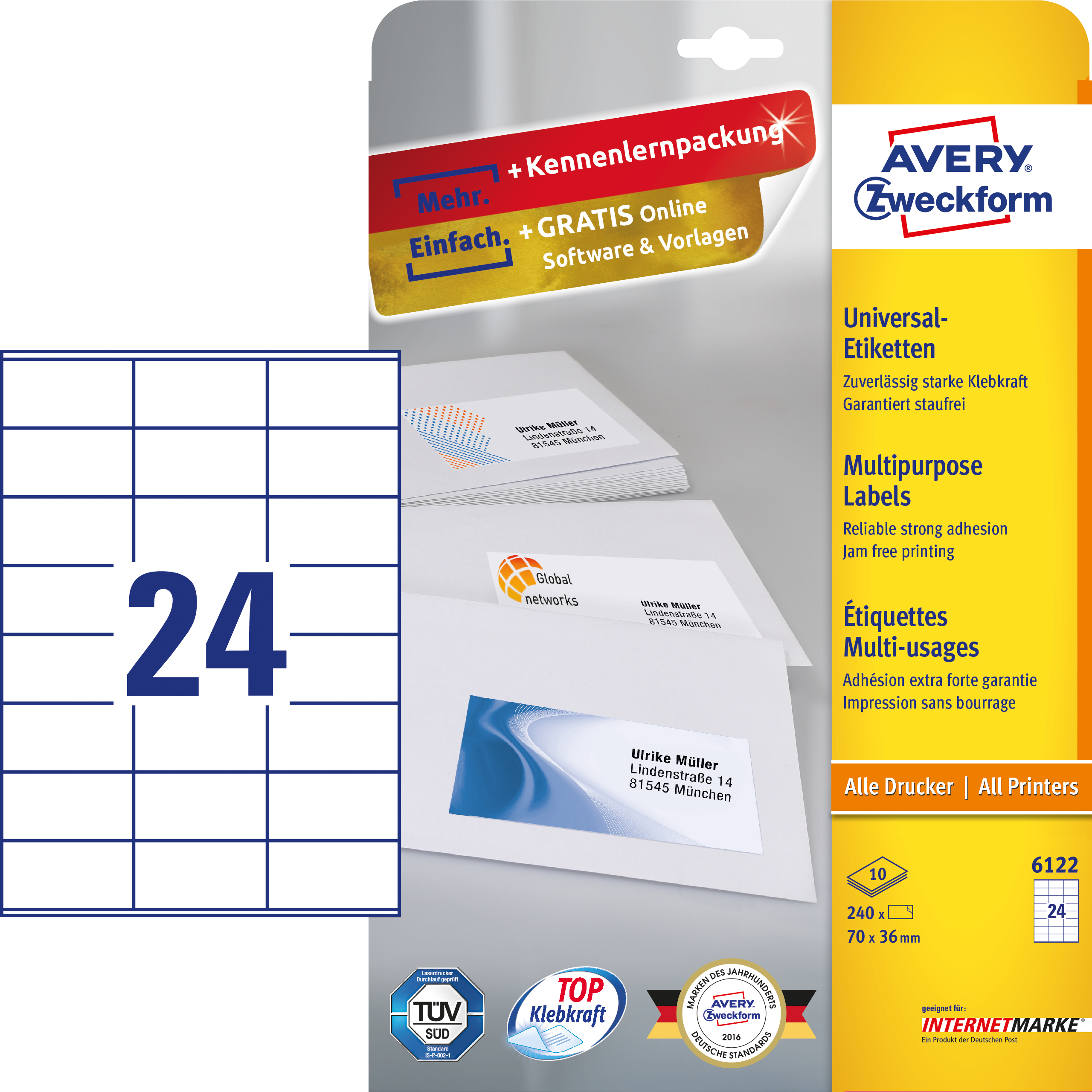 AVERY Zweckform Etiketten 6122 weiss 70,0 x 36,0 mm, 10 Blatt