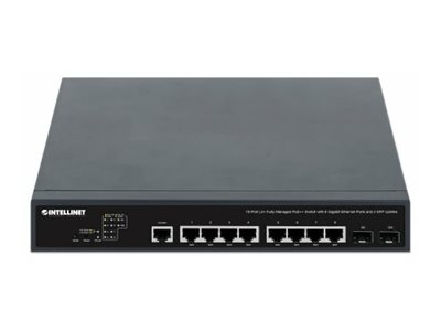 INTELLINET 10-Port L2+ Fully Managed PoE++ Switch mit 8 Gigabit-Ports und 2 SFP-Uplinks 242 W PoE-Leistungsbudget 19Z Montagewinkel