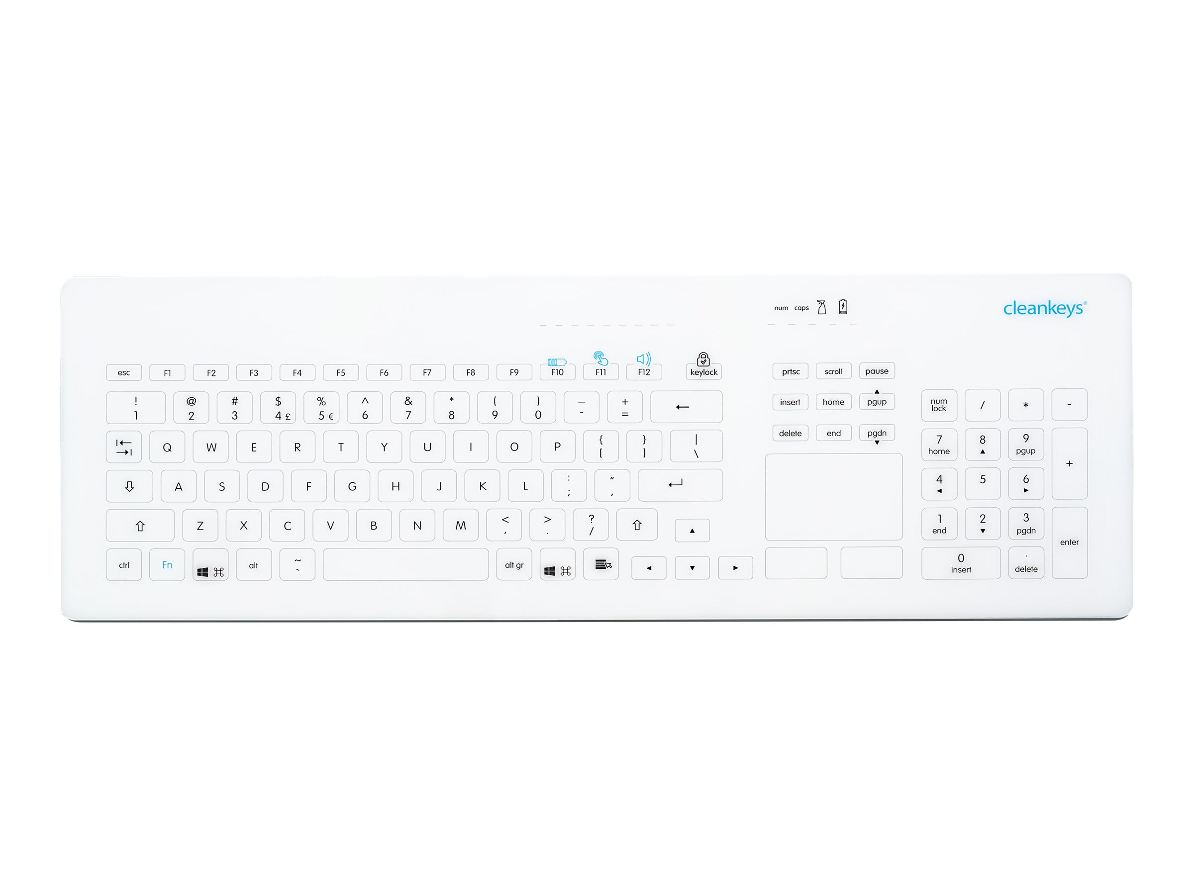 GETT CLEANKEYS CK4 KABELLOS 2,4Ghz kapazitive Glastastatur integr.Touchpad und NUM block IP65 desinfizierbar Gorilla Glas Layout: DE