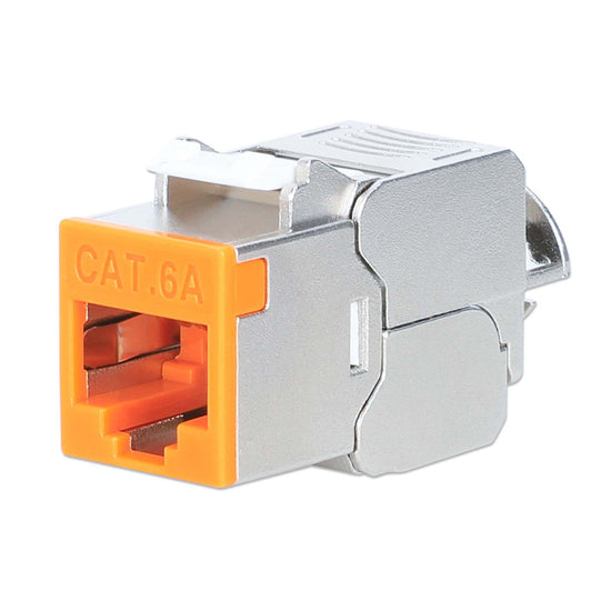 INTELLINET Cat6a 10G Slimline KeystoneModul STP werkzeuglos mit Rastclip für Massivdraht vergoldete Kontakte Metallgehäuse orange