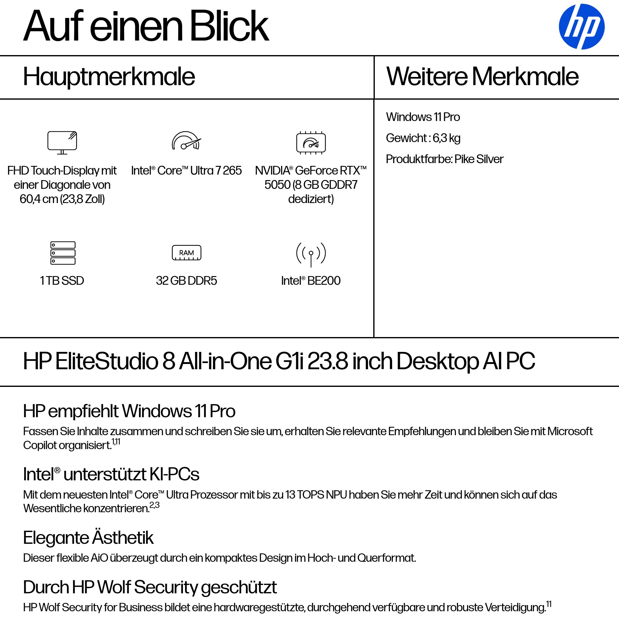 HP EliteStudio 8 G1i AI 23,8 Zoll Core Ultra 7 265 32GB 1TB SSD Touch