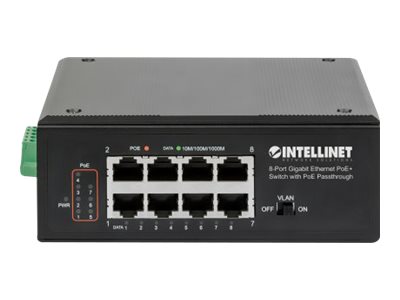 INTELLINET 8-Port PoE+ Gb Switch PoE-Passthrough 1xPD PoE 95W Eingangsstrom 7x PSE PoE Strombudget bis 120W DIN-Hutschienenmontage