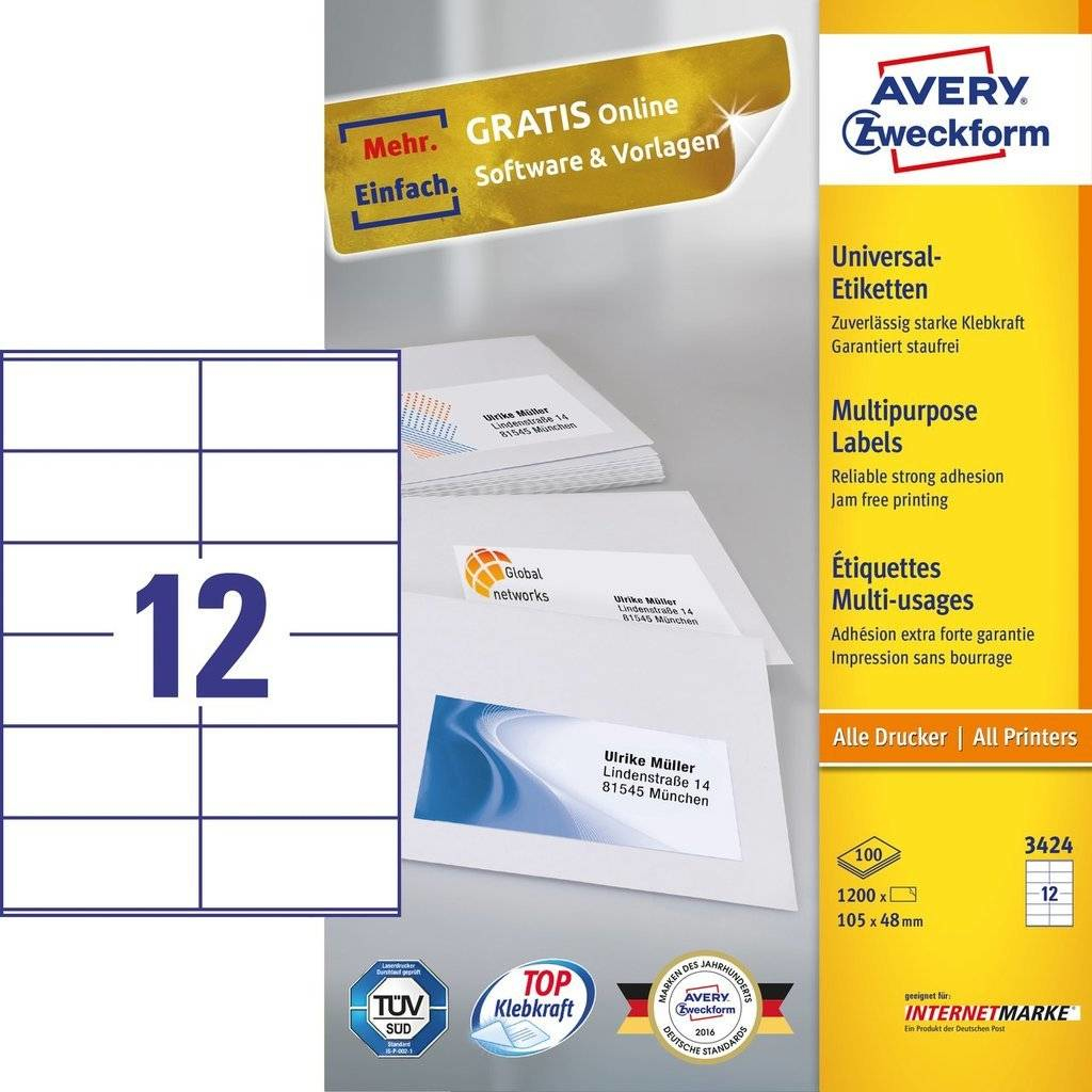1.200 AVERY Zweckform Etiketten 3424 weiÃ 105,0 x 48,0 mm