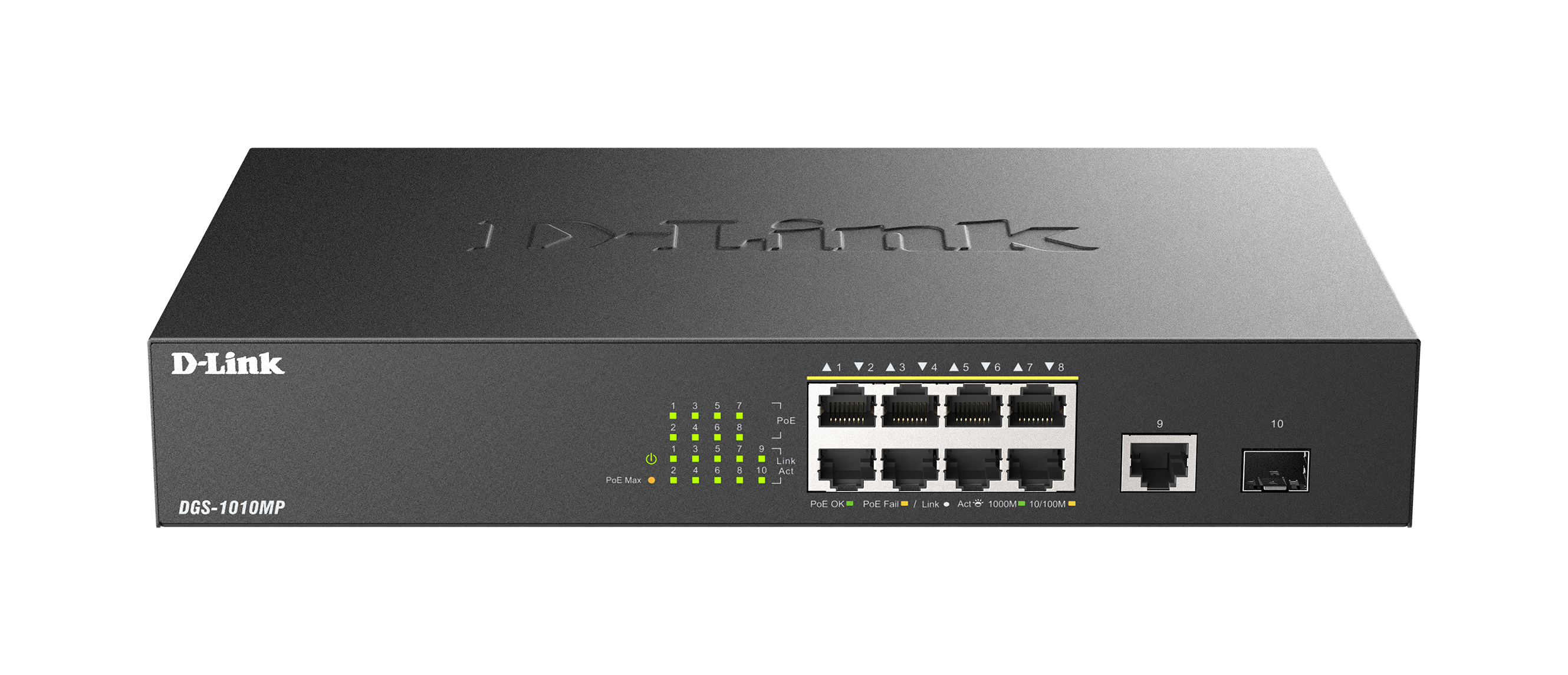 DLINK DGS1010MP 10Port Layer2 PoE Gigabit Switch 8x 101001000 Mbps PoE 1x 101001000 Mbps 1x SFP PoE Power Budget 125W