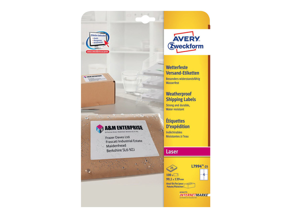 100 AVERY Zweckform Folien-Versandetiketten L7994-25 weiÃ 99,1 x 139,0 mm