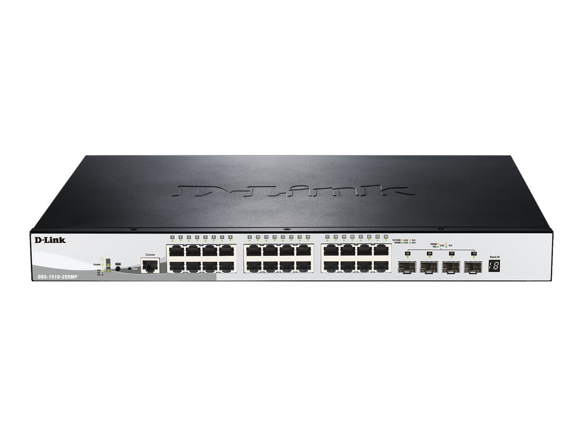 D-LINK DGS-1510-28XMP/E 28-Port Smart Managed PoE+ Gigabit Stack Switch 24x 10/100/1000 Mbps PoE-fähig 4x 10G SFP+