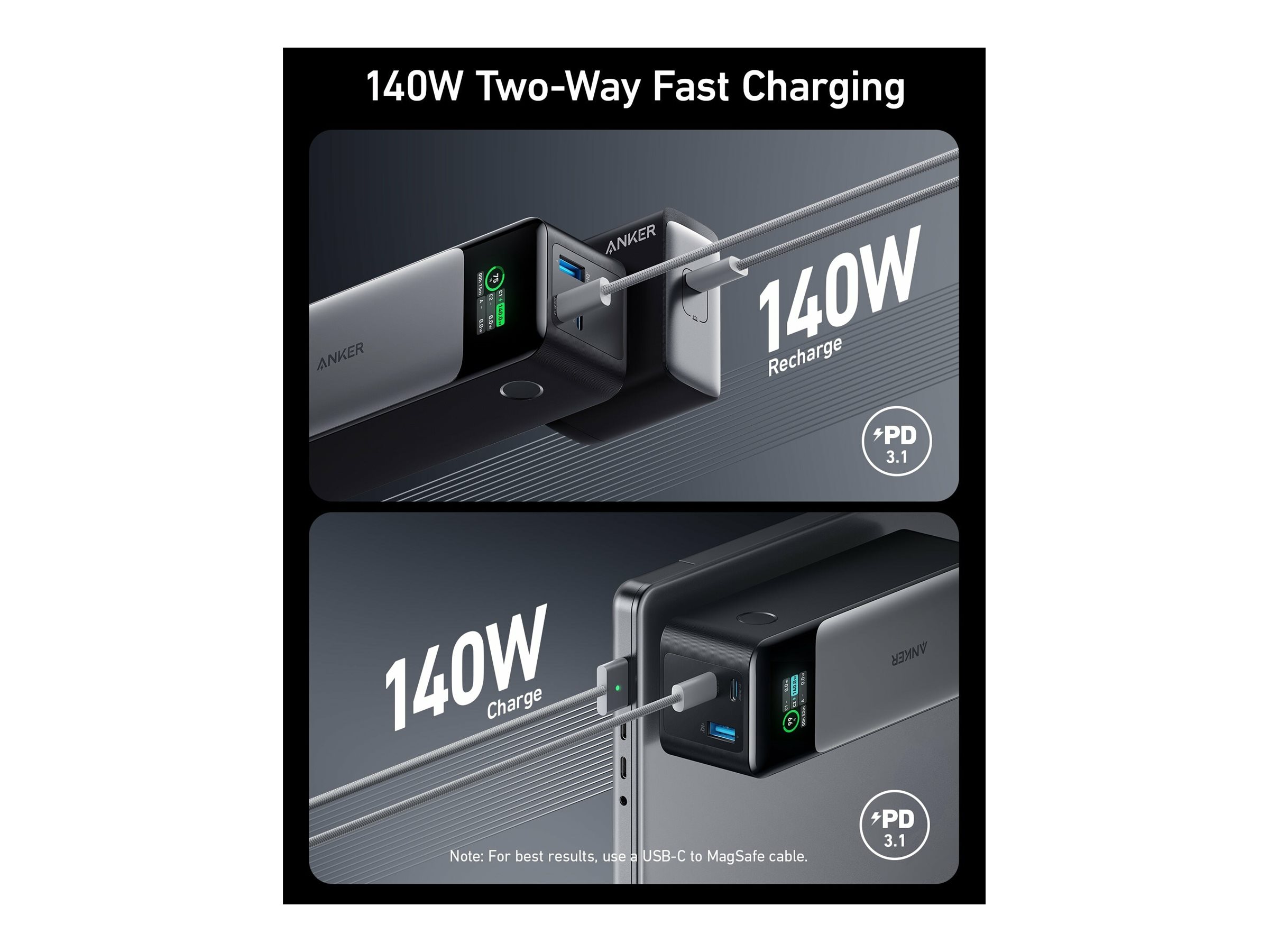 ANKER 737 PowerBank (PowerCore 24K) GaNPrime 24.000mAh 140W beidseitige Schnellladung 2x USB-C 1x USB-A Digitaldisplay PD 3.1 ANKER 737 PowerBank (PowerCore 24K) GaNPrime 24.000mAh 140W beidseitige Schnellladung 2x USB-C 1x USB-A Digitaldisplay PD 3.1