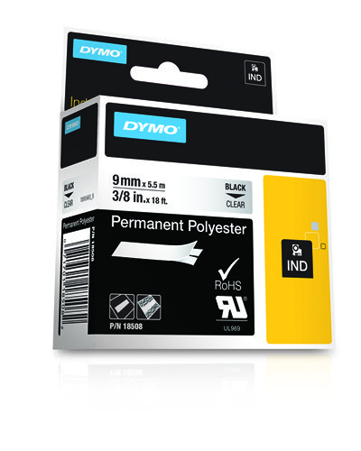DYMO Schriftband RHINO  18508 18508DMO, 9 mm schwarz auf transparent