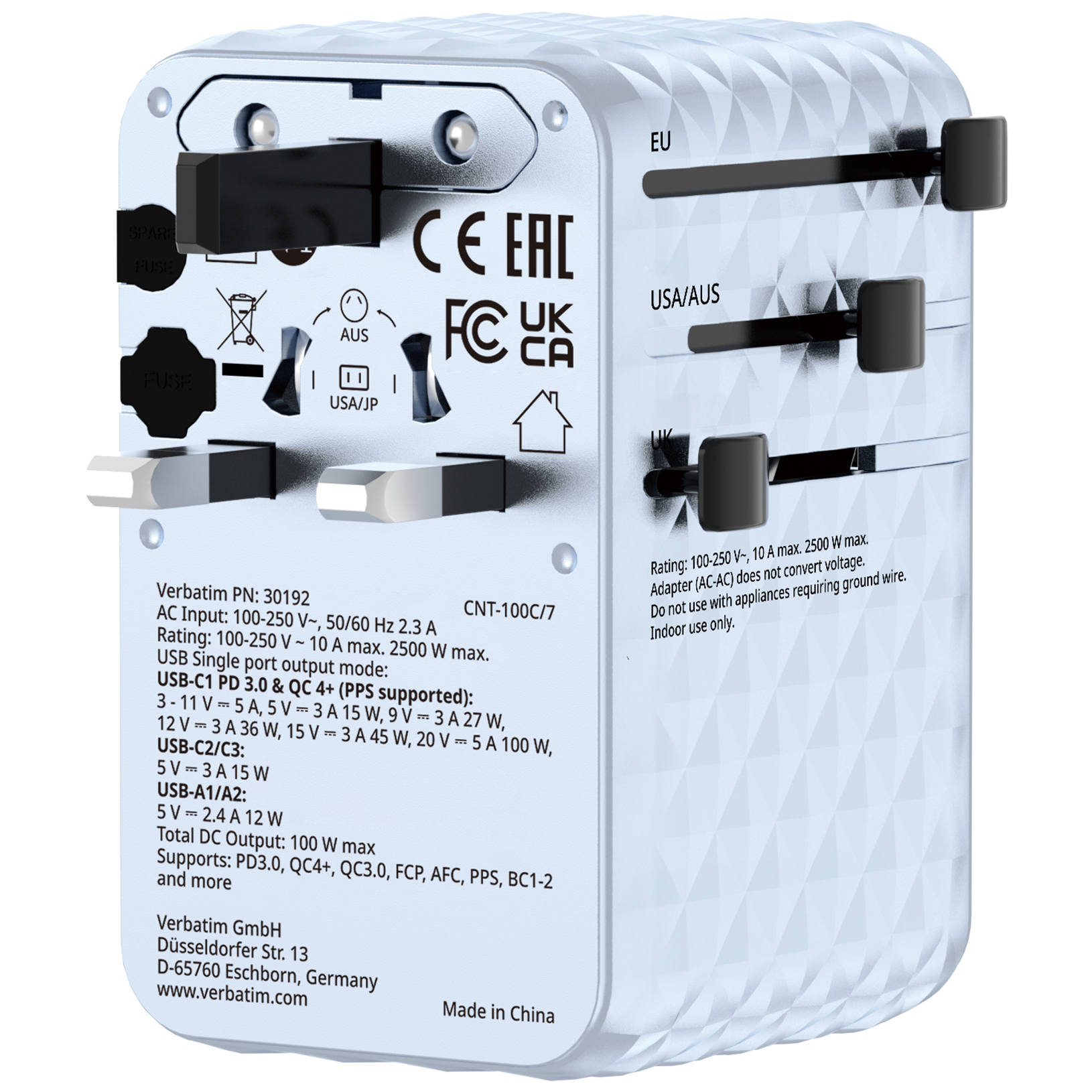 Verbatim ChargenTravel Adapter 100W retractable blue