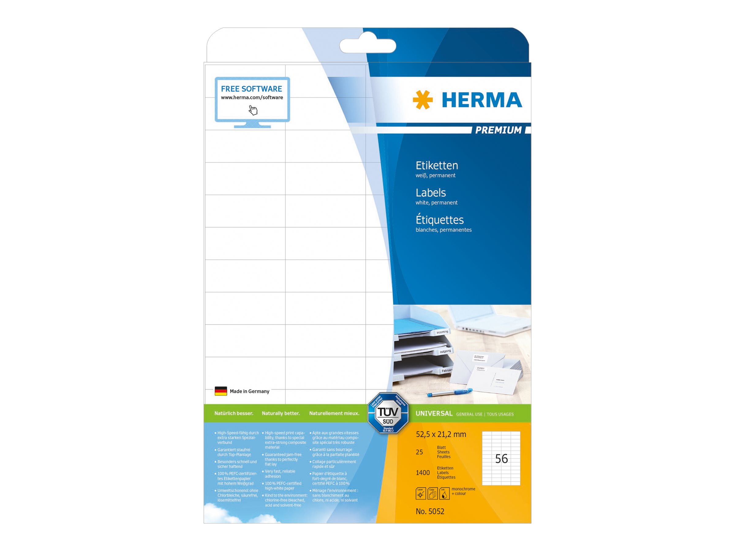 1.400 HERMA Etiketten 5052 weiÃ 52,5 x 21,2 mm