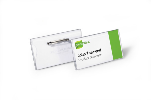 100 DURABLE Namensschilder mit Nadel 7,5 x 4,0 cm