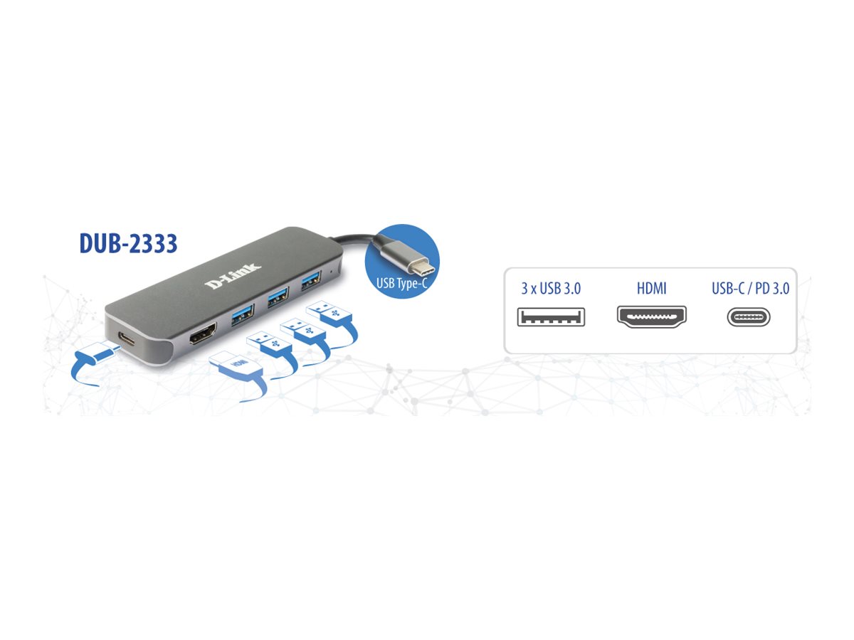 D-LINK DUB-2333 5-in-1 USB-C Hub mit HDMI/Power Delivery 3x USB-A 3.0 SuperSpeed 1x HDMI 1x USB-C Thunderbolt 3 60W
