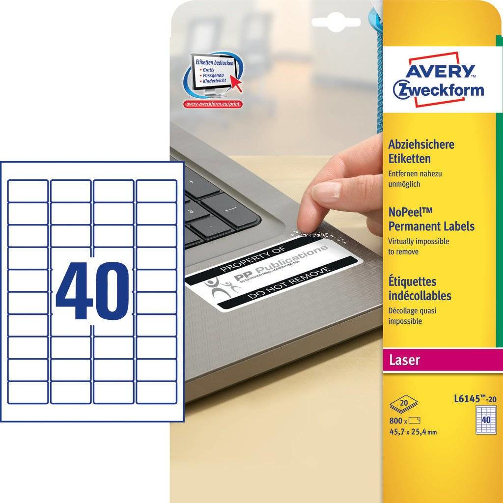 800 AVERY Zweckform abziehsichere Folienetiketten L6145-20 weiss 45,7 x 25,4 mm
