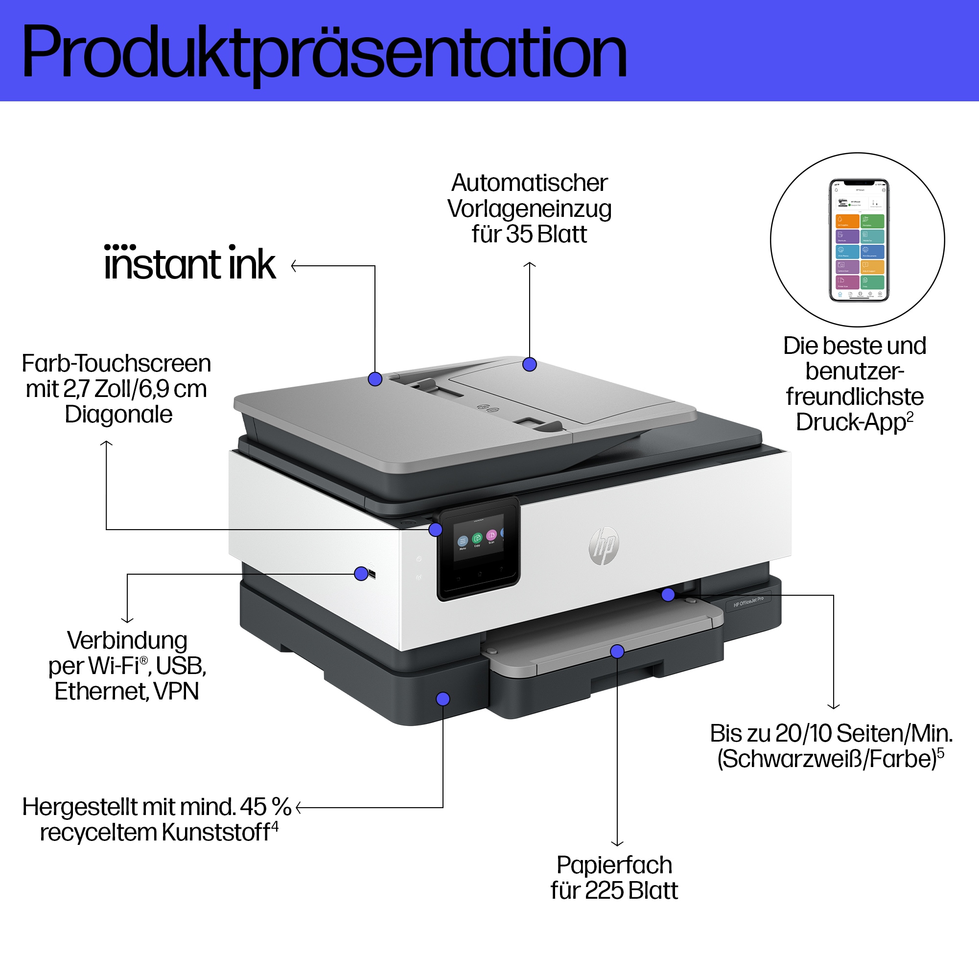HP OfficeJet Pro 8132e AllinOne 4 in 1 TintenstrahlMultifunktionsdrucker grau, HP Instant Inkfähig
