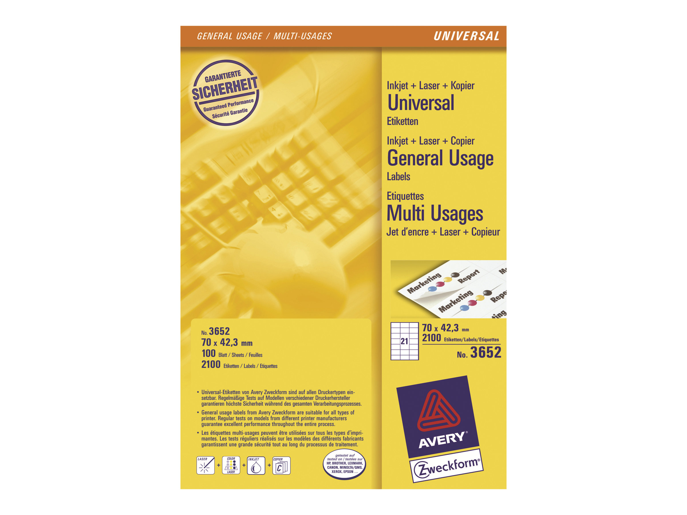 2.100 AVERY Zweckform Etiketten 3652 weiss 70,0 x 42,3 mm 2.100 AVERY Zweckform Etiketten 3652 weiss 70,0 x 42,3 mm