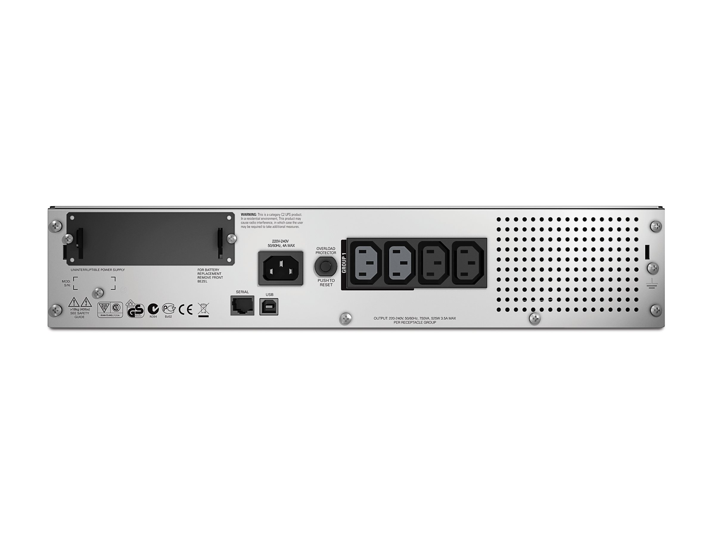APC Smart-UPS 750VA LCD 230V RM 2U SmartSlot USB Interface Port RJ-45 Serial