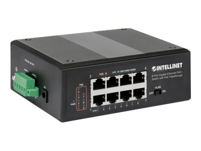 INTELLINET 8-Port PoE+ Gb Switch PoE-Passthrough 1xPD PoE 95W Eingangsstrom 7x PSE PoE Strombudget bis 120W DIN-Hutschienenmontage INTELLINET 8-Port PoE+ Gb Switch PoE-Passthrough 1xPD PoE 95W Eingangsstrom 7x PSE PoE Strombudget bis 120W DIN-Hutschienenmontage