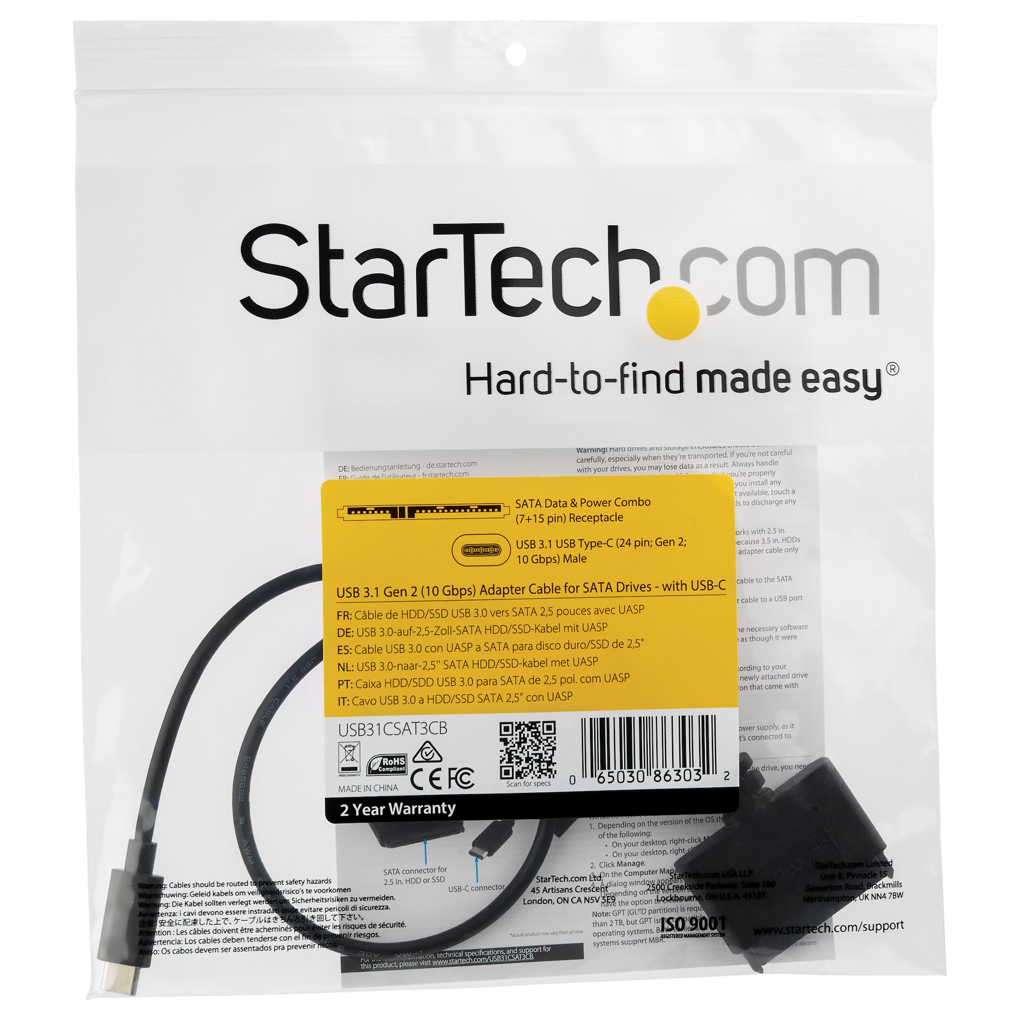 STARTECHCOM USB 31 Gen 2 to 25in SATA Adapter with Integrated Cable Typ
