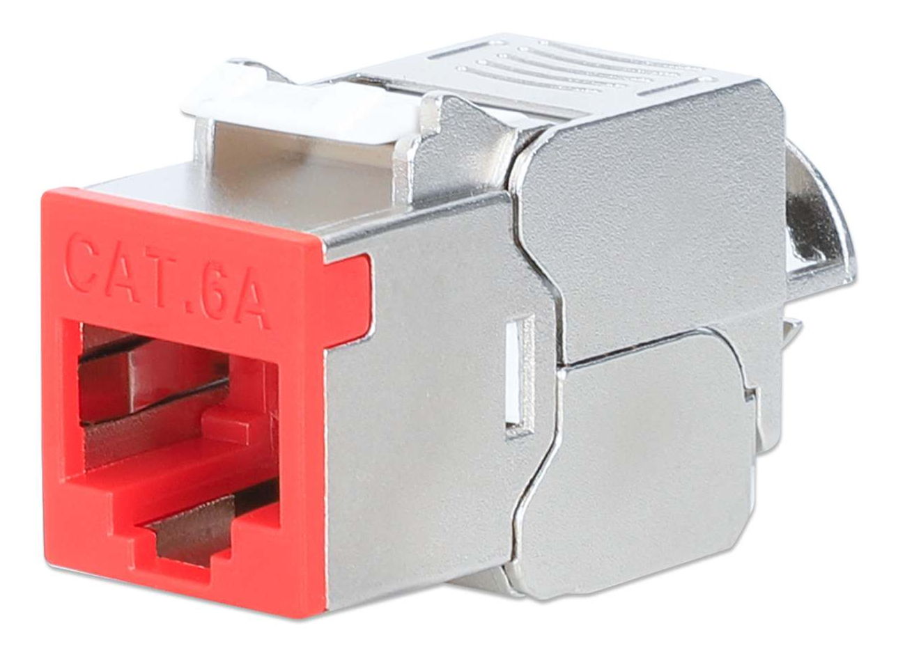 INTELLINET Cat6a 10G Slimline KeystoneModul STP werkzeuglos mit Rastclip für Massivdraht vergoldete Kontakte Metallgehäuse rot
