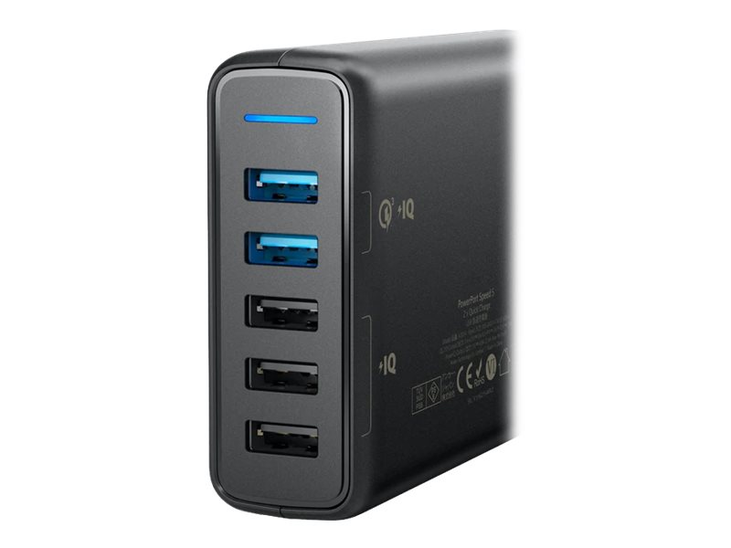 Anker Innovations Anker PowerPort 5 - Netzteil - 65 Watt - 4.8 A - IQ, QC 3.0 - 5 Ausgabeanschlussstellen (5 x 4-poliger USB Typ A)