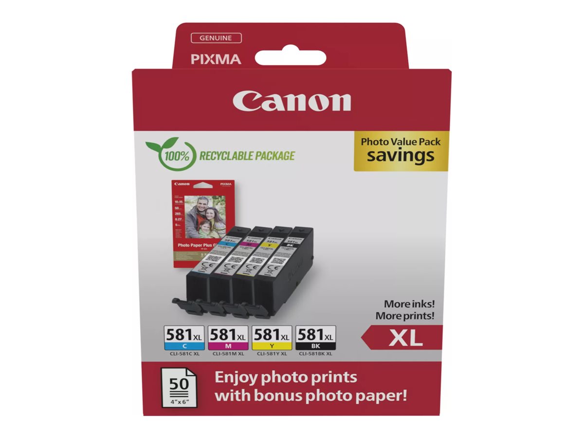 Canon CLI-581XL BK/C/M/Y schwarz, cyan, magenta, gelb Druckerpatronen + Fotopapier, 4er-Set Canon CLI-581XL BK/C/M/Y schwarz, cyan, magenta, gelb Druckerpatronen + Fotopapier, 4er-Set