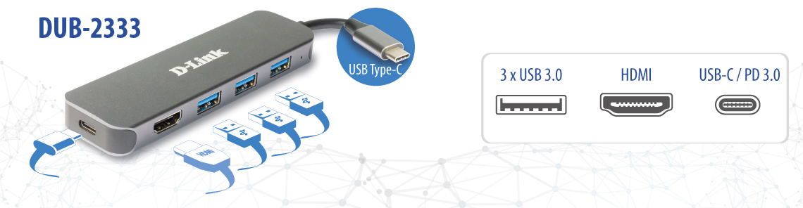 DLINK DUB2333 5in1 USBC Hub mit HDMIPower Delivery 3x USBA 30 SuperSpeed 1x HDMI 1x USBC Thunderbolt 3 60W