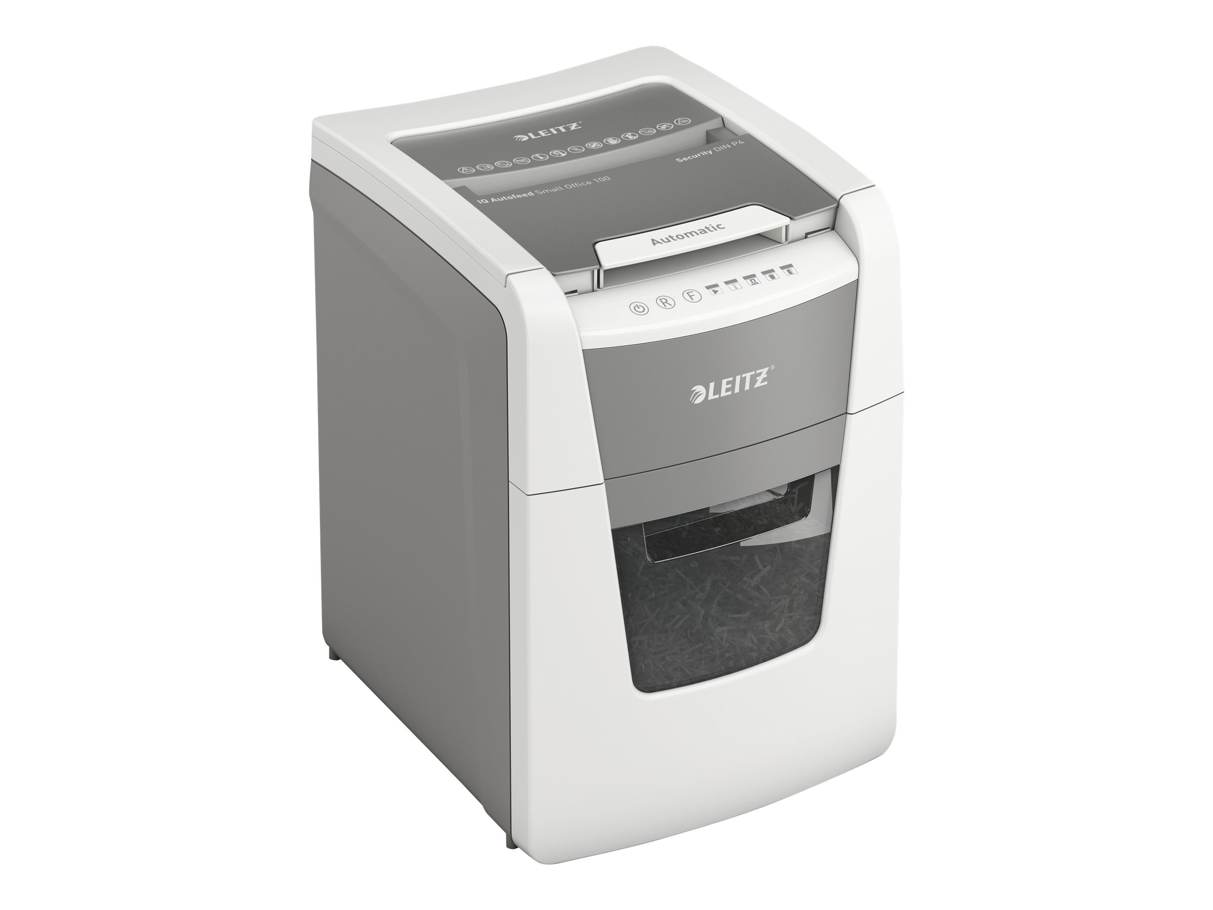 LEITZ IQ Autofeed Small Office 100 Aktenvernichter mit Partikelschnitt P-4, 4 x 28 mm, bis 100 Blatt, weiss
