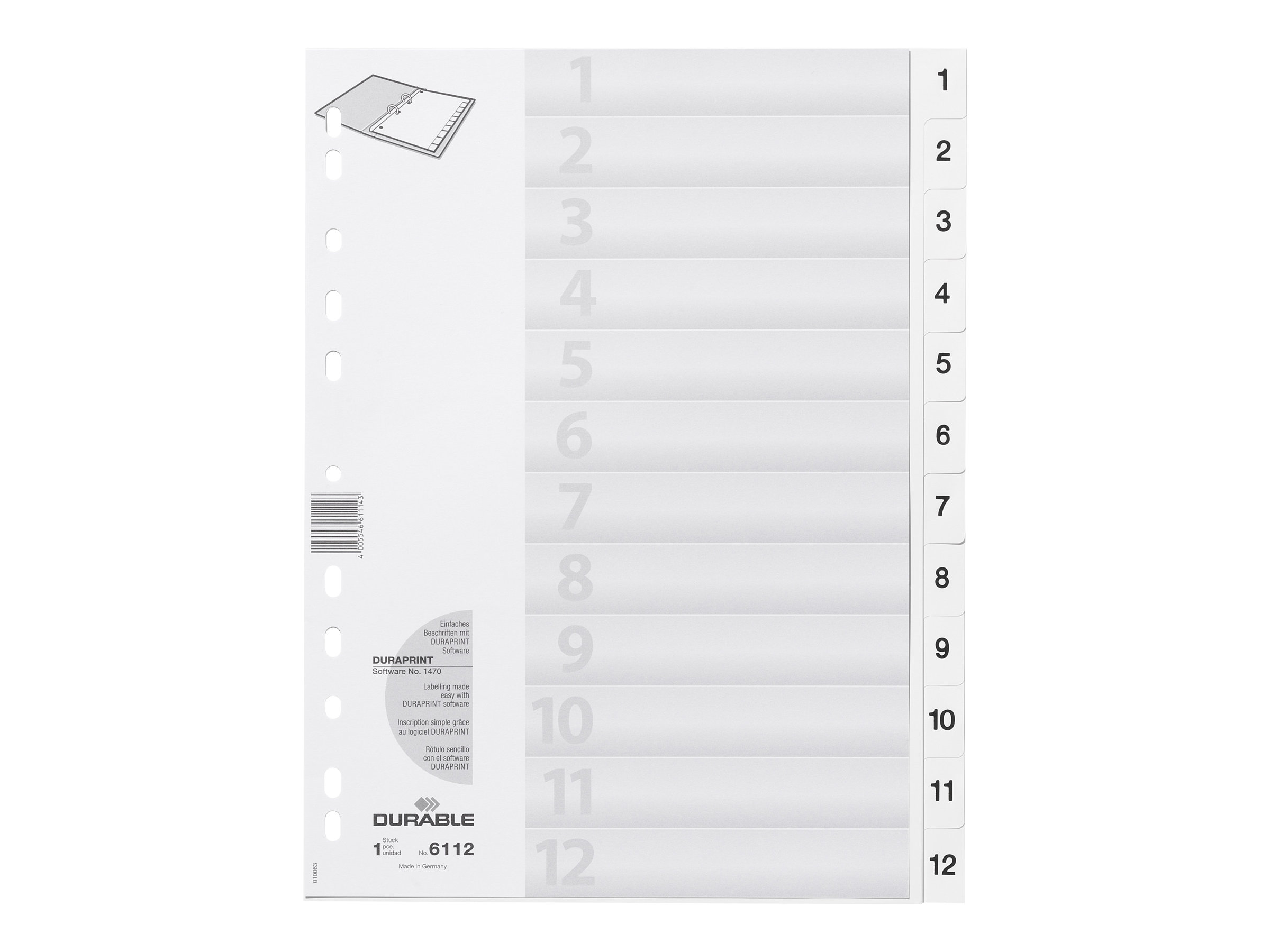 DURABLE Ordnerregister Vollformat 1-12 weiss 12-teilig, 1 Satz