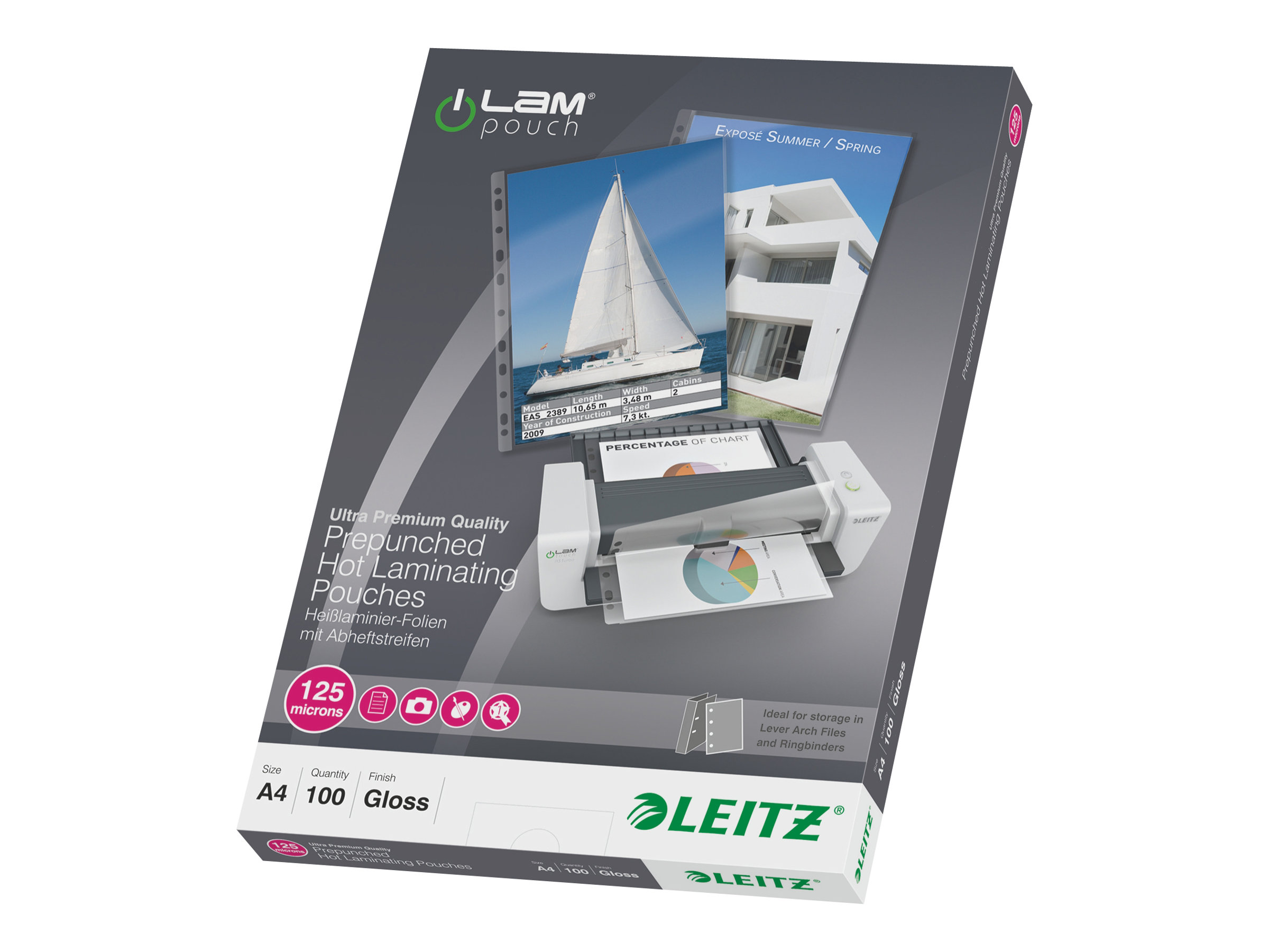 100 LEITZ Laminierfolien glaenzend fuer A4 125 micron Universal-Lochung