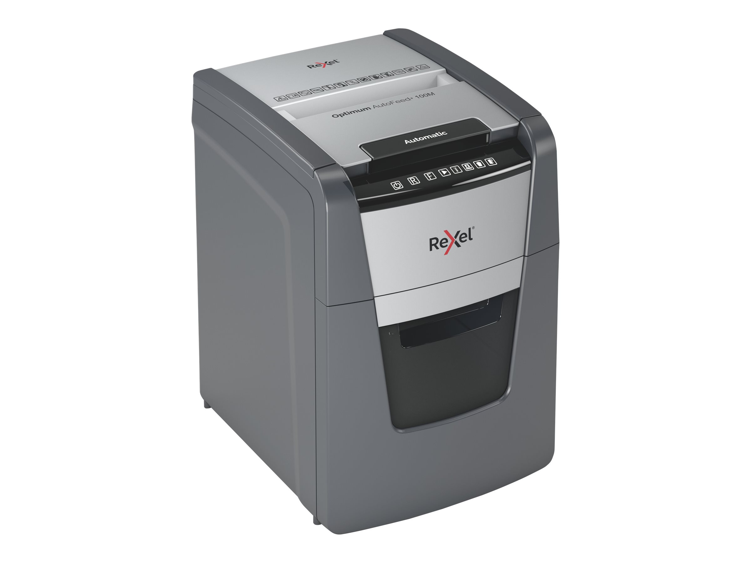 Rexel Optimum AutoFeed+ 100M Aktenvernichter mit Partikelschnitt P-5, 2 x 15 mm, bis 100 Blatt, schwarz