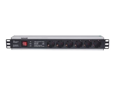 INTELLINET 48,3cm 19Zoll Steckdosenleiste 6-fach SCHUKO mit Ueberspannungsschutz 3m Stromkabel 1,5 HE