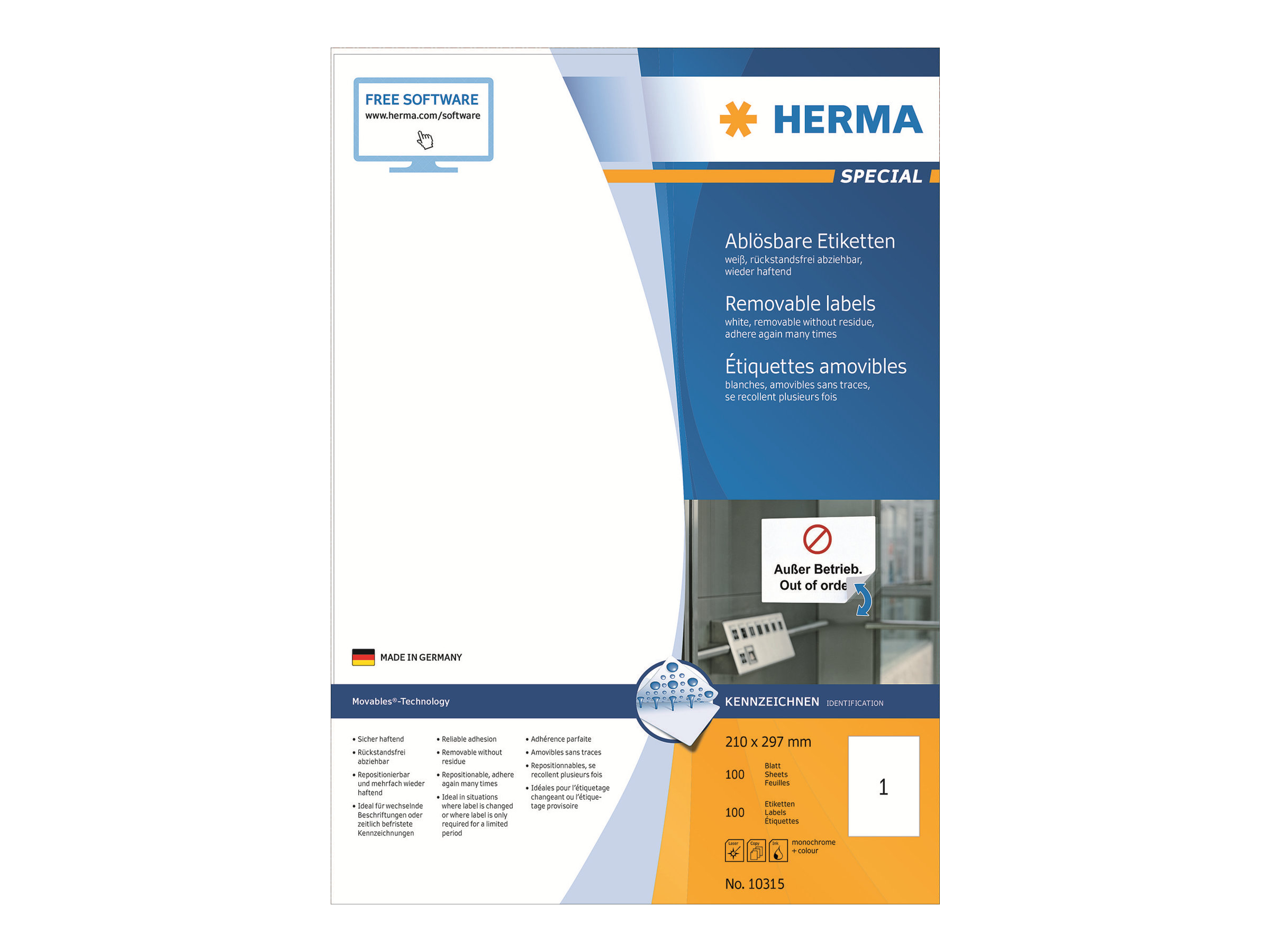100 HERMA Etiketten 10315 weiÃ 210,0 x 297,0 mm