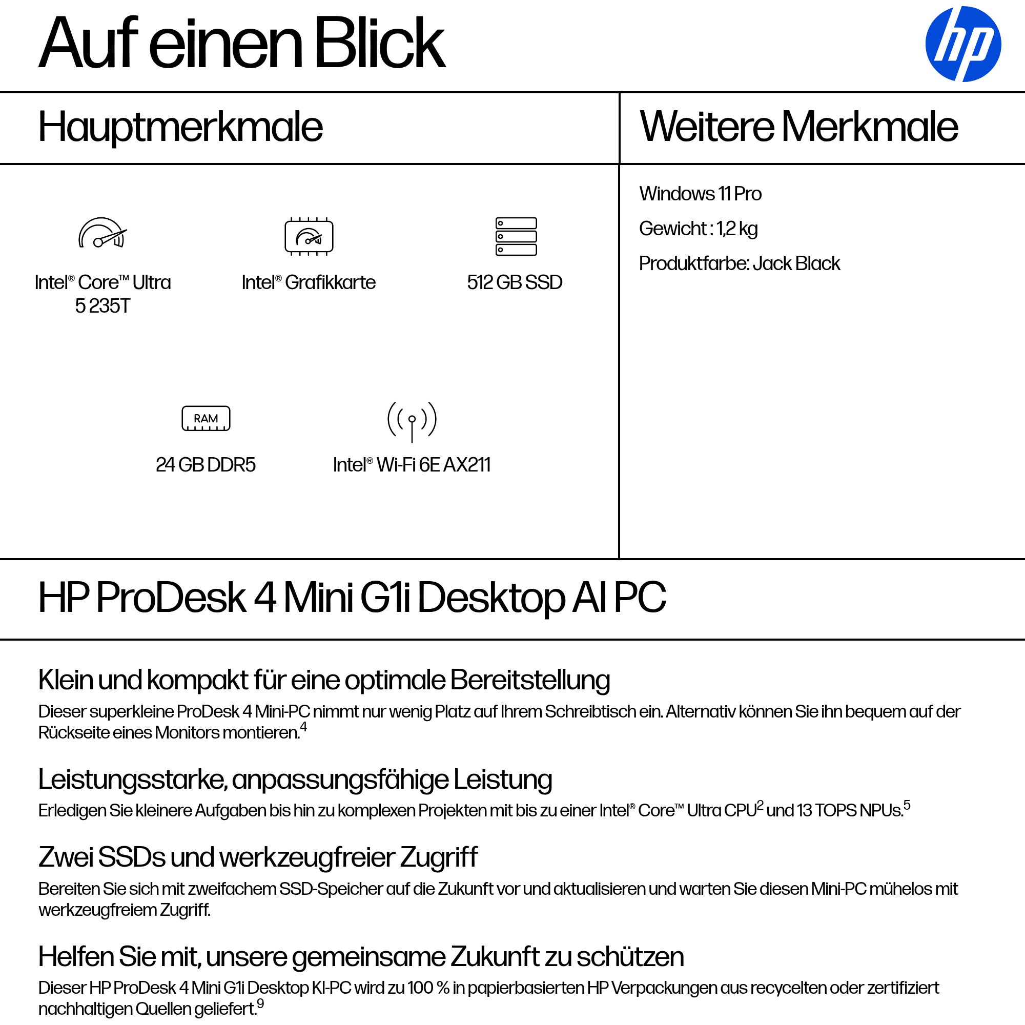 HP ProDesk 4 Mini G1i Core Ultra 5 235T 24 GB 512 GB SSD Wi‑Fi 6E