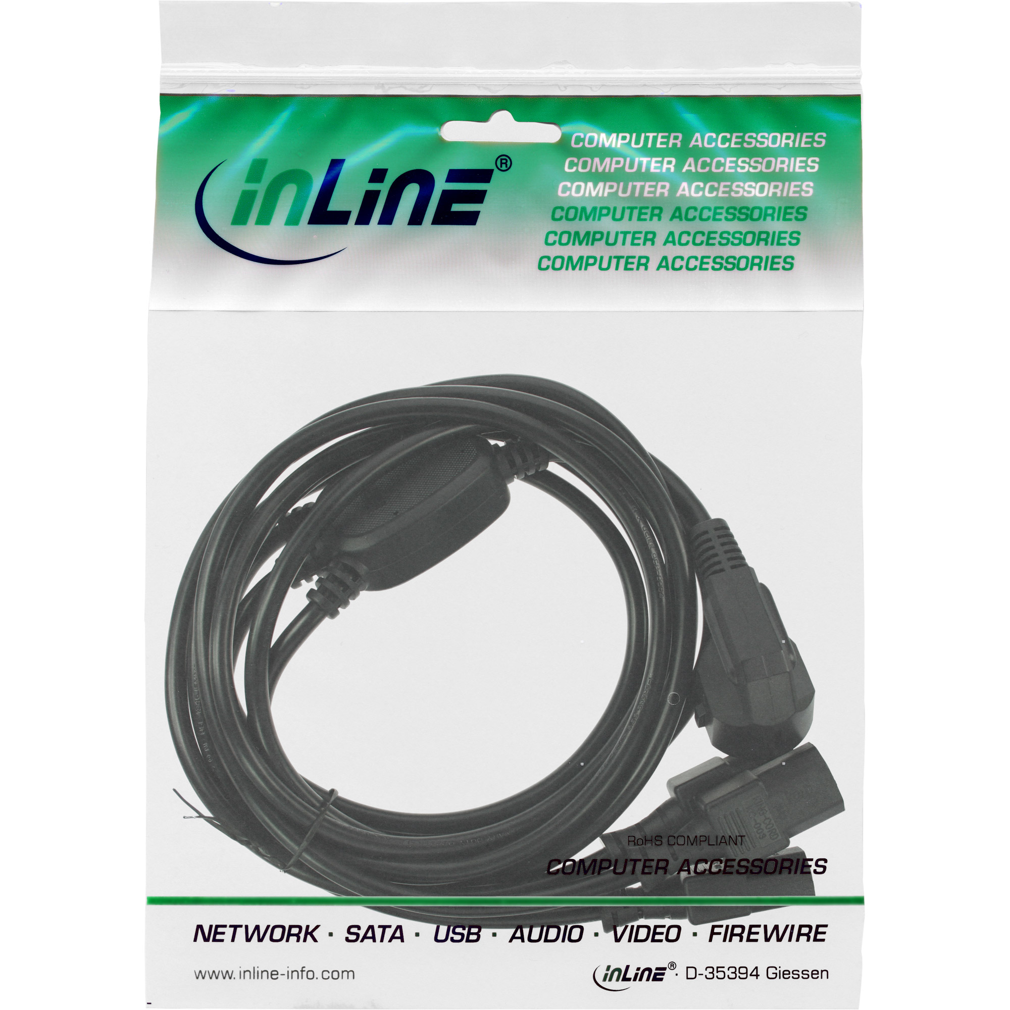 INLINE Netz-Y-Kabel 1x Schutzkontaktstecker zu 3x Kaltgeraetestecker 1,8m