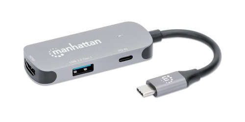 MANHATTAN USBC 3in1 Konverter mit Power Delivery USB 32 TypCStecker auf HDMI 4K30Hz USBA 5Gbits und USBC PD 100W Alu Grau