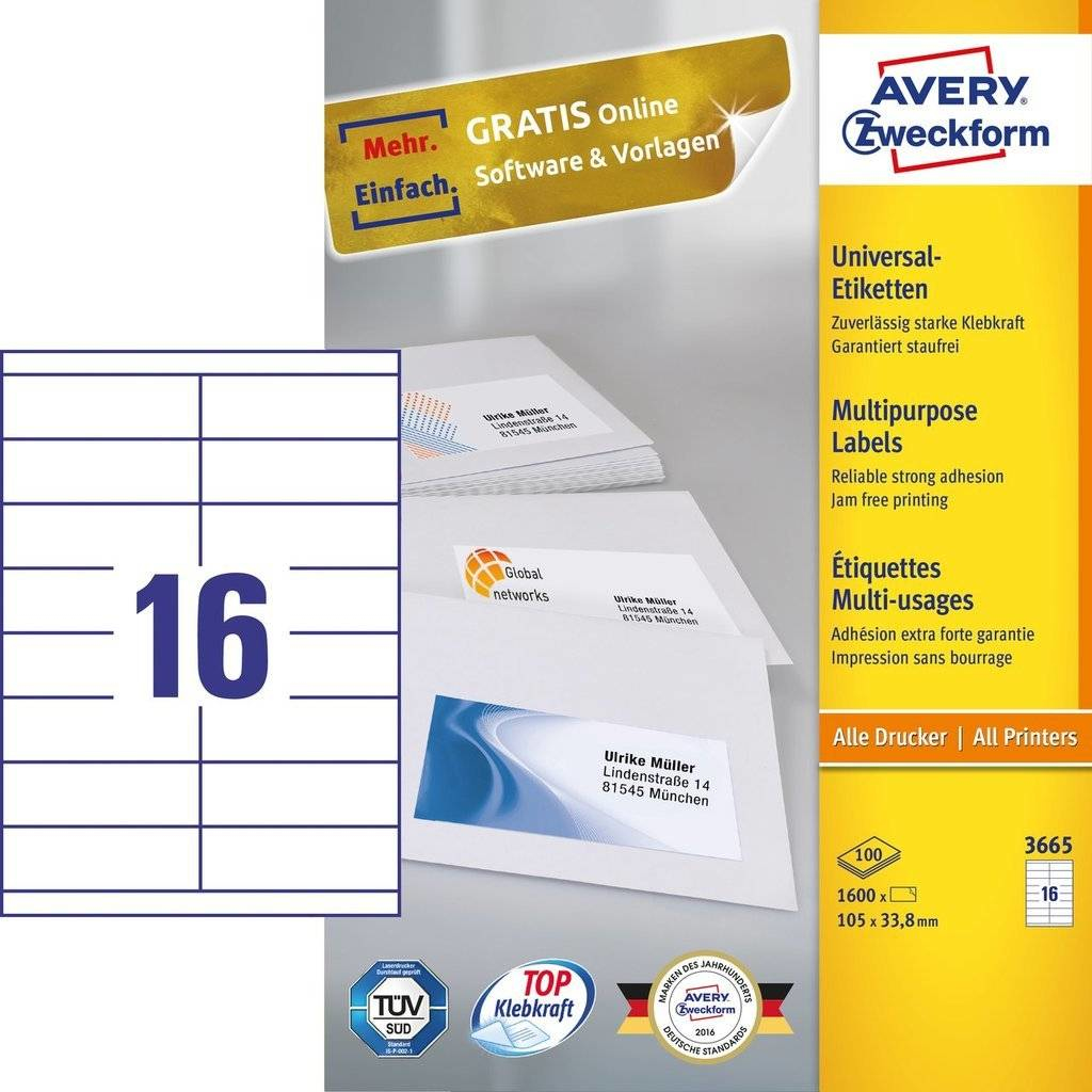 1.600 AVERY Zweckform Etiketten 3665 weiÃ 105,0 x 33,8 mm
