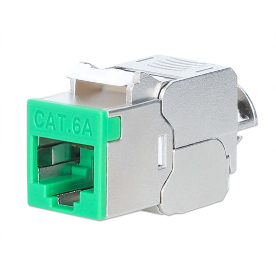 INTELLINET Cat6a 10G Slimline KeystoneModul STP werkzeuglos mit Rastclip für Massivdraht vergoldete Kontakte Metallgehäuse grün