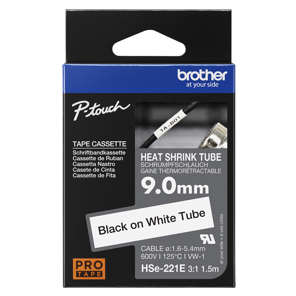 Brother HSe-221E Schrumpfschlauchkassette Schwarz-Weiß 9,0 mm