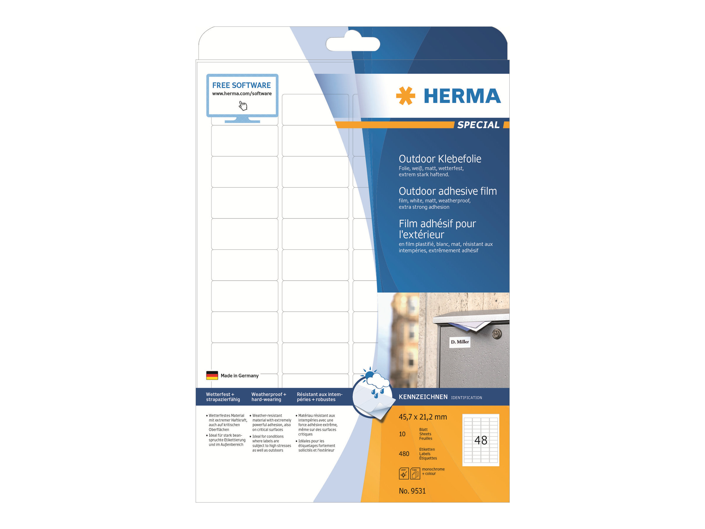 HERMA FolienKraftklebeEtiketten 9531 weiß 45,7 x 21,2 mm, 10 Blatt