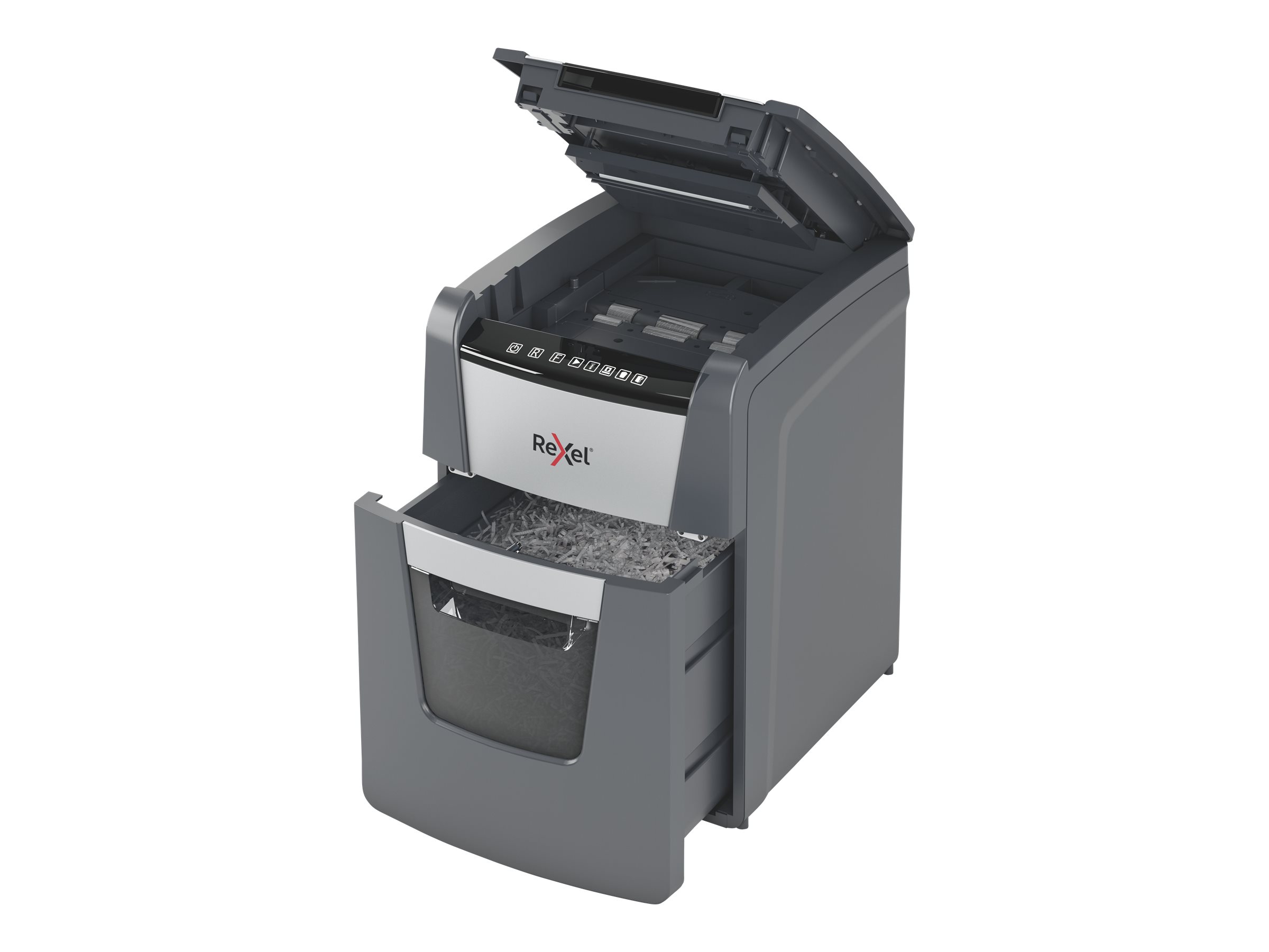 Rexel Optimum AutoFeed+ 100M Aktenvernichter mit Partikelschnitt P-5, 2 x 15 mm, bis 100 Blatt, schwarz Rexel Optimum AutoFeed+ 100M Aktenvernichter mit Partikelschnitt P-5, 2 x 15 mm, bis 100 Blatt, schwarz