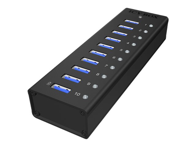 ICY BOX IB-AC6110 10 Port USB 3.0 HUB mit USB Ladeport 5V 2.1A Stabiles Aluminium Gehaeuse