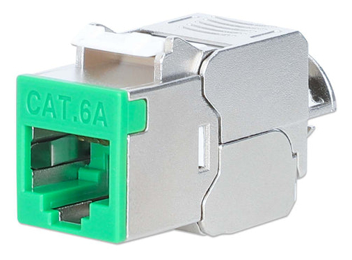 INTELLINET Cat6a 10G Slimline KeystoneModul STP werkzeuglos mit Rastclip für Massivdraht vergoldete Kontakte Metallgehäuse grün