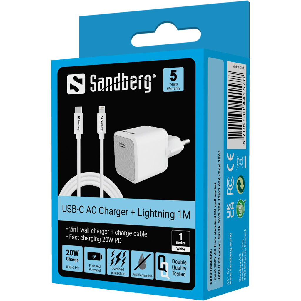 SANDBERG USBC AC Charger 20W Lightning 1M