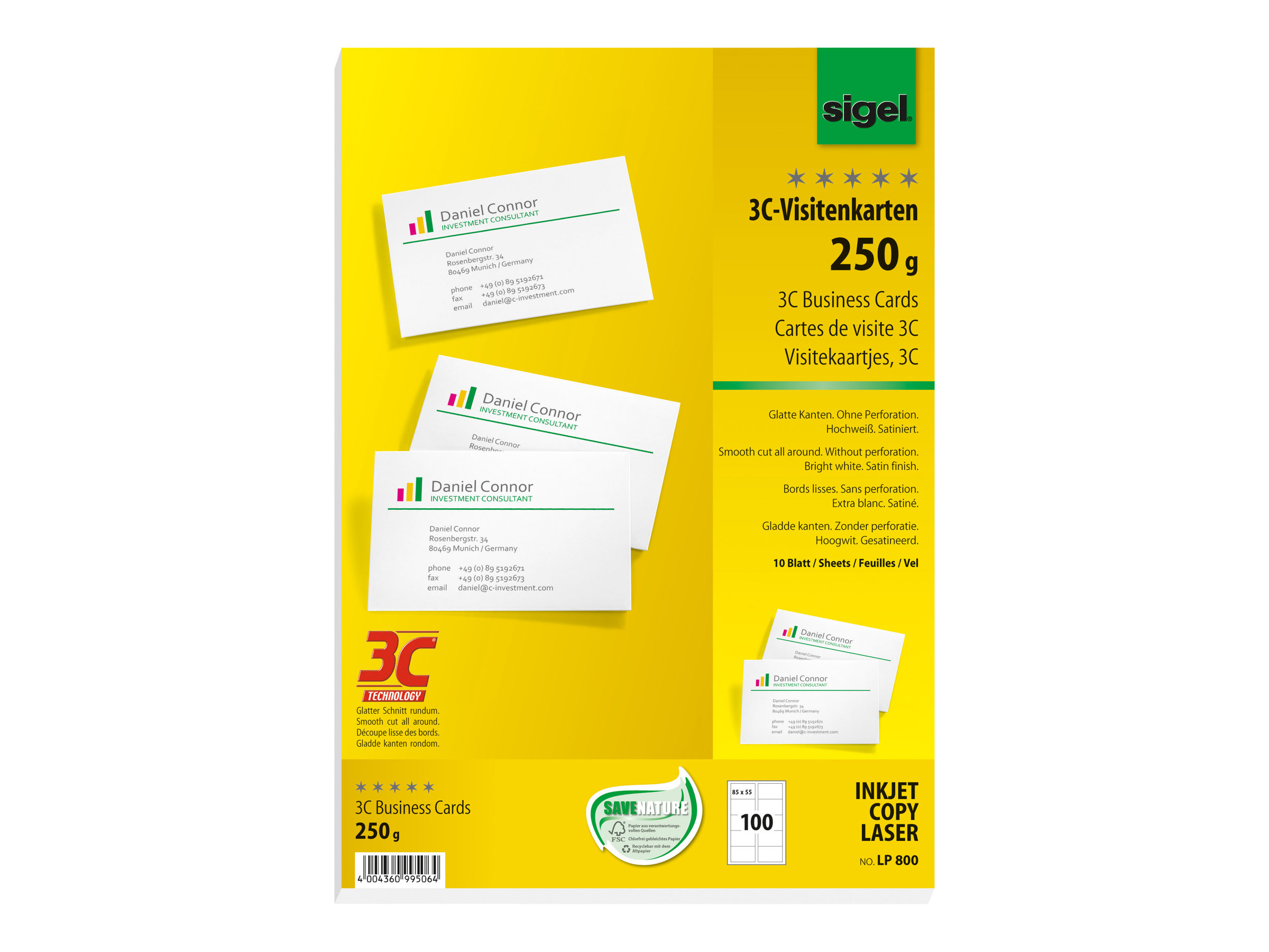 SIGEL Visitenkarten LP800 satiniert weiß 250 gqm, 100 St
